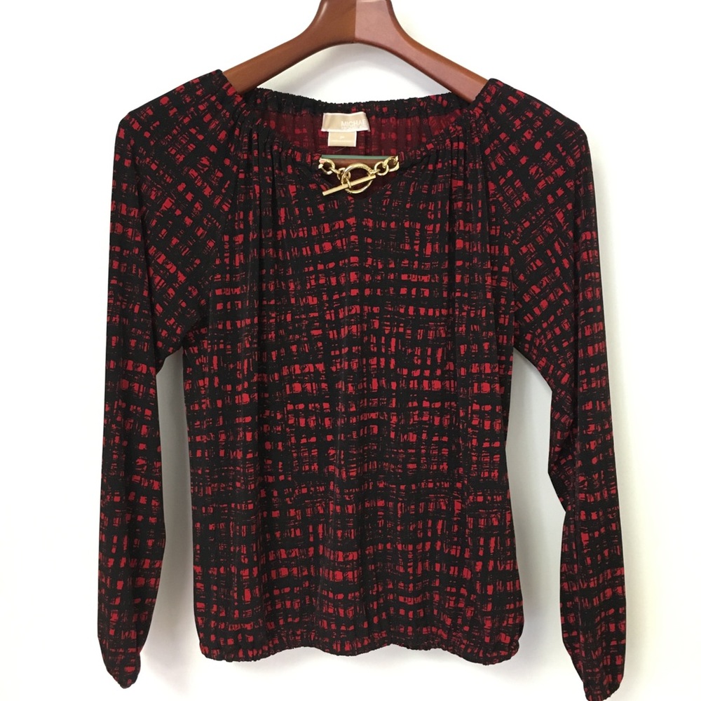 Michael Kors // Red & Black Plaid Chain Neck Top S